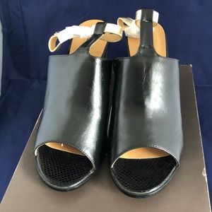 Black sling backs with gold heels & extra lifts